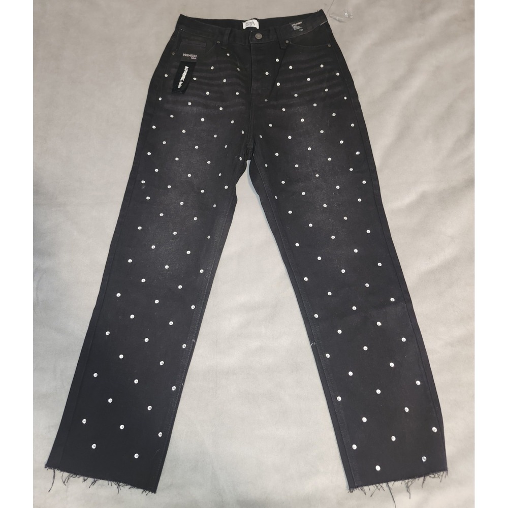 Black Straight Leg Jeans Size 7/28 High Rise Button Fly Studded Denim NWT